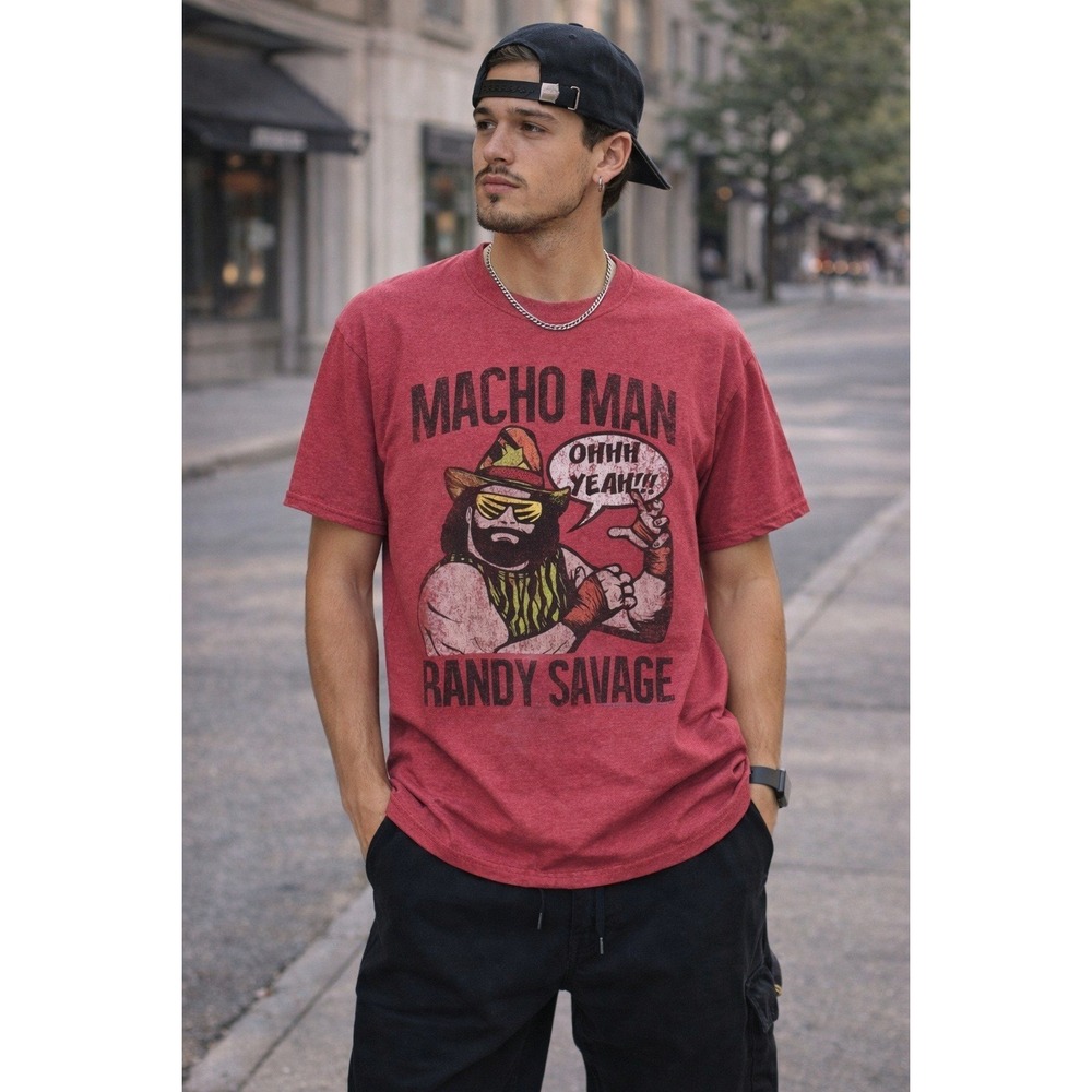Jerzees Macho Man Randy Savage Graphic T-Shirt Mens M Ohhh‎ Yeah Red Heather